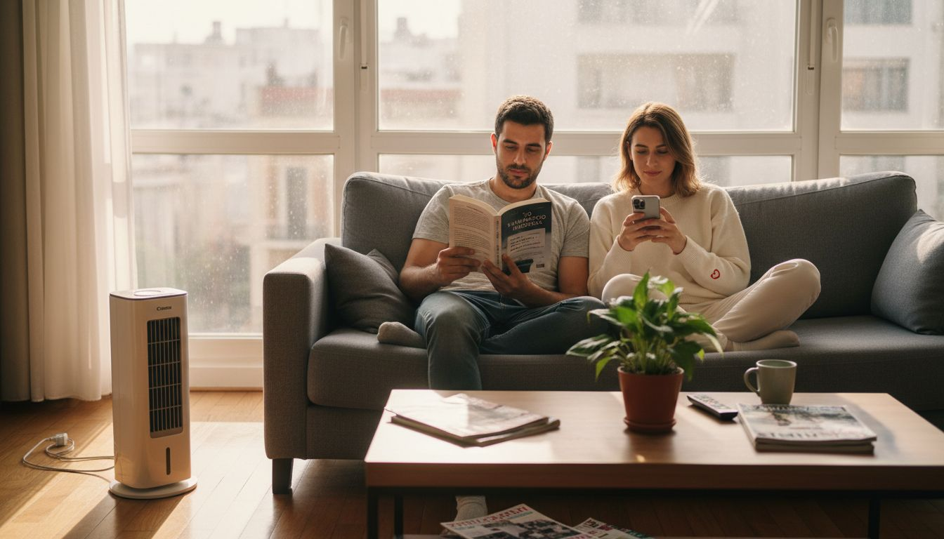 Ένα ζευγάρι απολαμβάνει τη δροσιά από το κλιματιστικό στο σαλόνι του σπιτιού του.