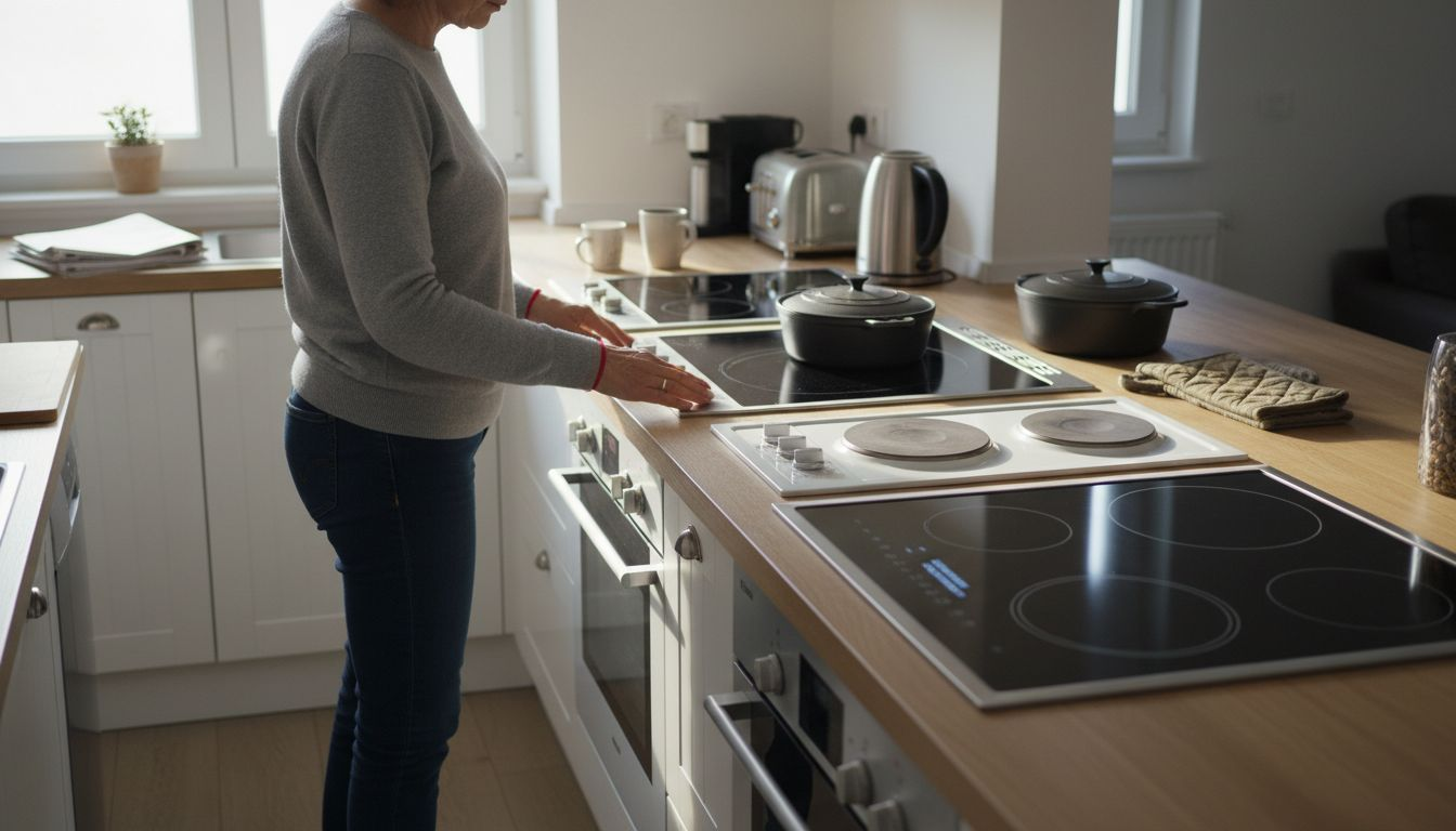 Μια γυναίκα εξετάζει διάφορες ηλεκτρικές κουζίνες στην κουζίνα της, συγκρίνοντας χαρακτηριστικά και λειτουργίες για να επιλέξει την καλύτερη.