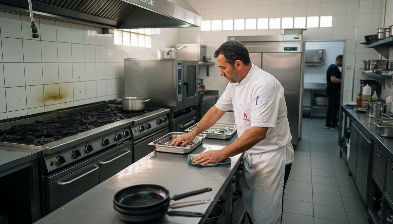 Ο σεφ φροντίζει για τον σχολαστικό καθαρισμό του εξοπλισμού στην επαγγελματική κουζίνα, διασφαλίζοντας την υγιεινή και την ομαλή λειτουργία του χώρου.