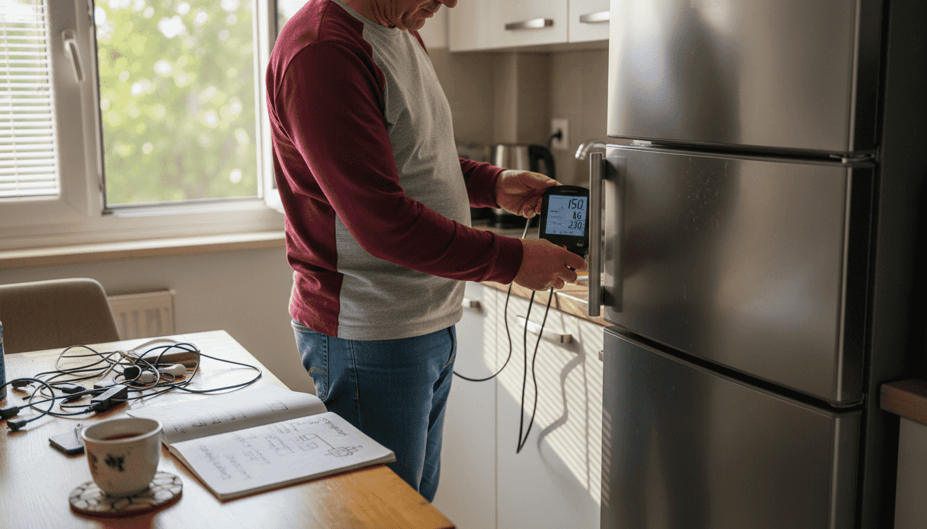 Κάποιος ελέγχει το μετρητή κατανάλωσης ρεύματος στην κουζίνα του σπιτιού του.
