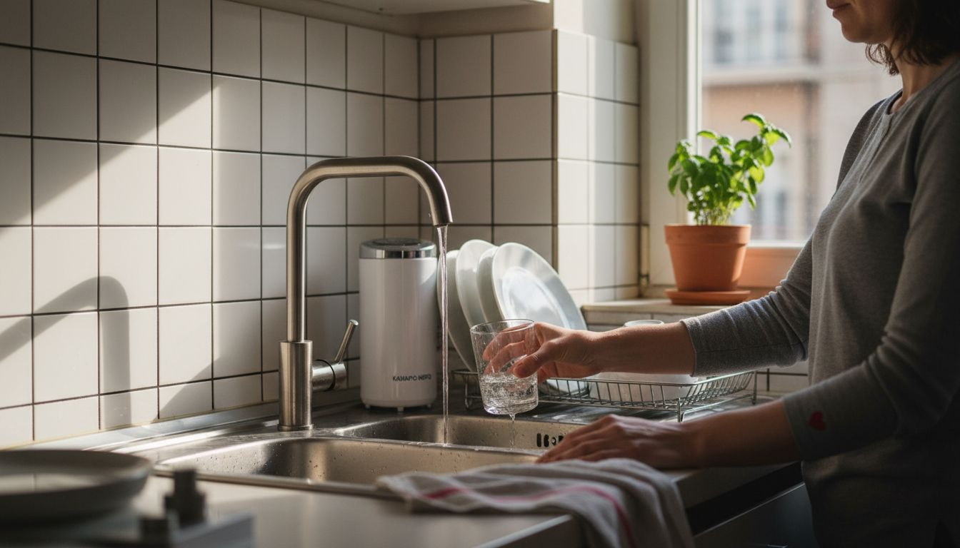 Μια γυναίκα γεμίζει το ποτήρι της με νερό από το φίλτρο που έχει στην κουζίνα.